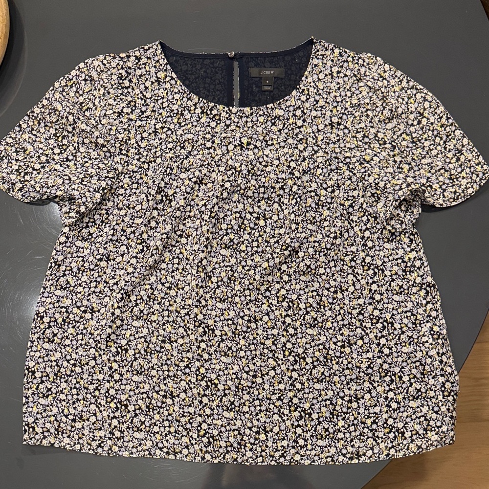 J. Crew Navy Floral Short Sleeve Top with White and Gold Blossoms